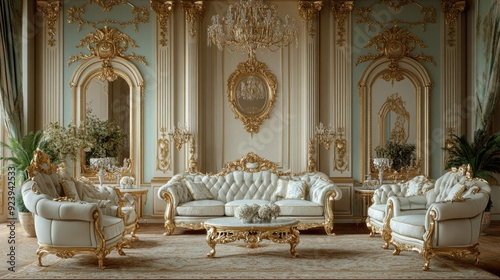 Rococo living room with ornate gilded furniture, pastel walls, intricate moldings, and grand chandelier creating opulent atmosphere