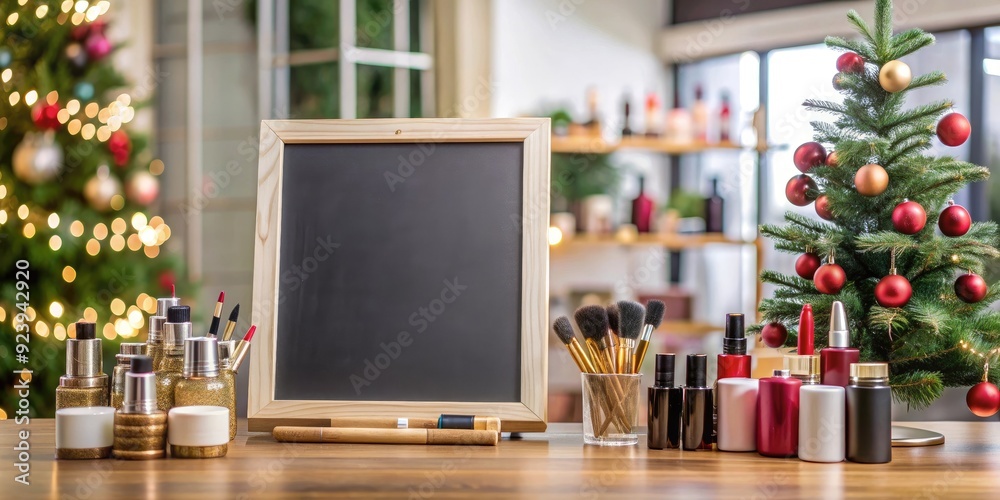 Blank chalkboard sign standing on cosmetics stand against background of cosmetics in store decorated for Christmas. Mockup. Blank chalkboard sign standing on cosmetics stand against background of cosmetics in store decorated for Christmas. Mockup.