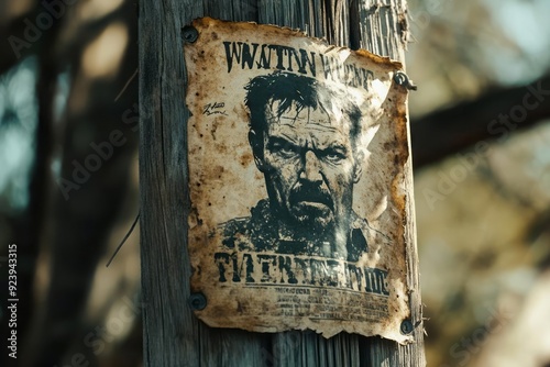 Wanted poster nailed to a wooden post, grim face of a notorious outlaw and a large reward photo