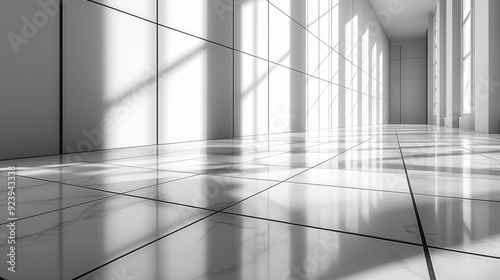Modern Minimalist Interior with Sunlit White Tiled Floor and Large Windows Creating a Bright and Spacious Atmosphere