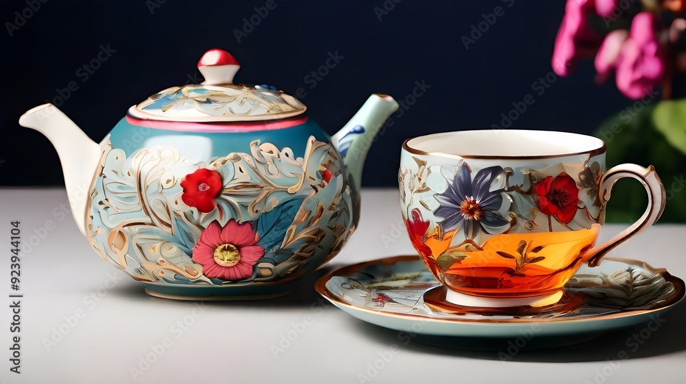 A unique and diverse tea set, featuring intricate floral designs and a mix of bold and delicate colors. The AI platform will render this set in a vintage style, with a touch of modern flair. A unique and diverse tea set, featuring intricate floral designs and a mix of bold and delicate colors. The AI platform will render this set in a vintage style, with a touch of modern flair.