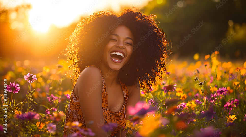 A woman joyfully laughing in a vibrant field of flowers at sunset. A woman joyfully laughing in a vibrant field of flowers at sunset.