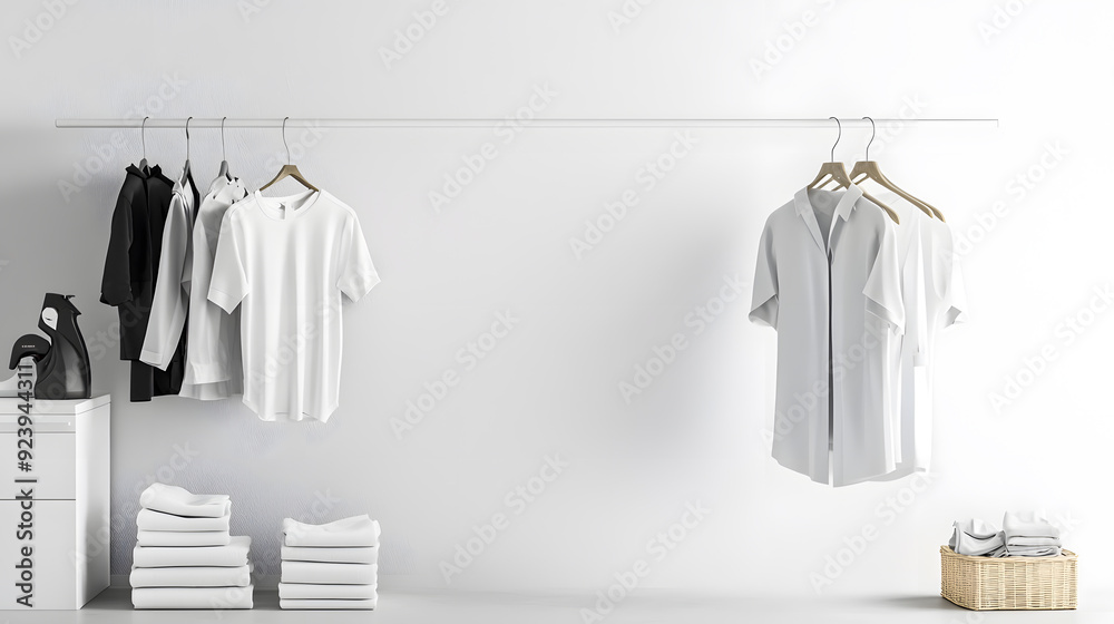 Neatly ironed clothes hang in a sleek, modern laundry space. Neatly ironed clothes hang in a sleek, modern laundry space.