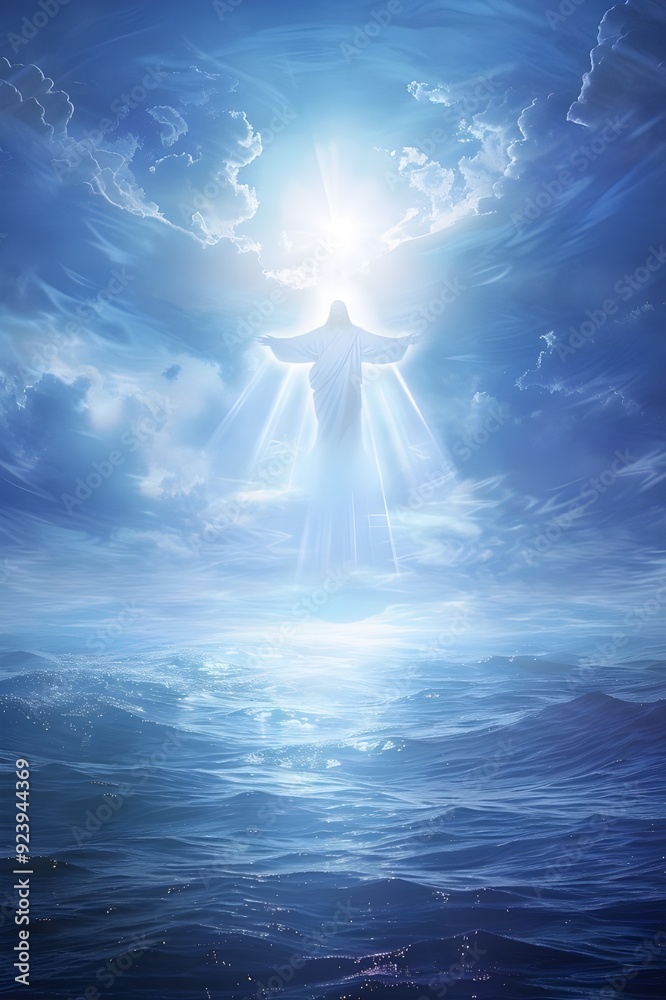 Jesus emerging from a radiant sun into a serene blue ocean, symbolizing spirituality and religious faith Jesus emerging from a radiant sun into a serene blue ocean, symbolizing spirituality and religious faith