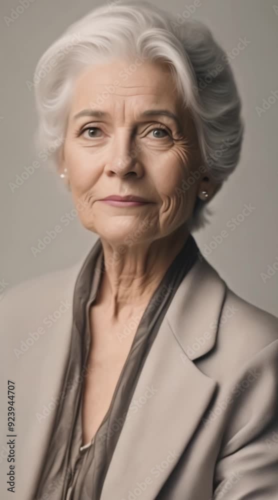Elegant older woman with silver hair, showing a warm expression.
Elegant older woman with silver hair, showing a warm expression.