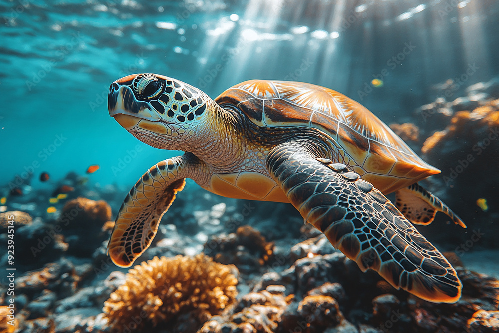 Obraz premium A majestic sea turtle swimming gracefully over a coral