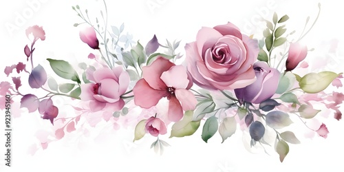 Bouquet of pink roses with green leaves watercolour