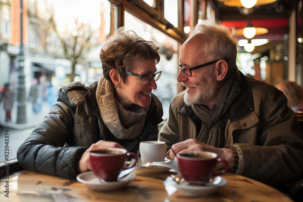 Happy senior couple sharing a coffee at a cafe, natural daylight, intimate mood. Generative AI