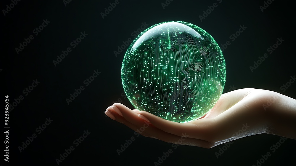 Grasping the Future: Shimmering Green Digital Orb of Sustainable Tech and Connectivity Against Black Background