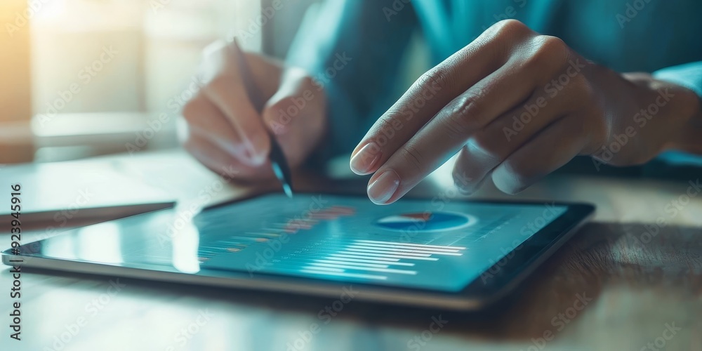 A financial planner guiding a client through investment options, with pie charts and growth projections displayed on a tablet A financial planner guiding a client through investment options, with pie charts and growth projections displayed on a tablet