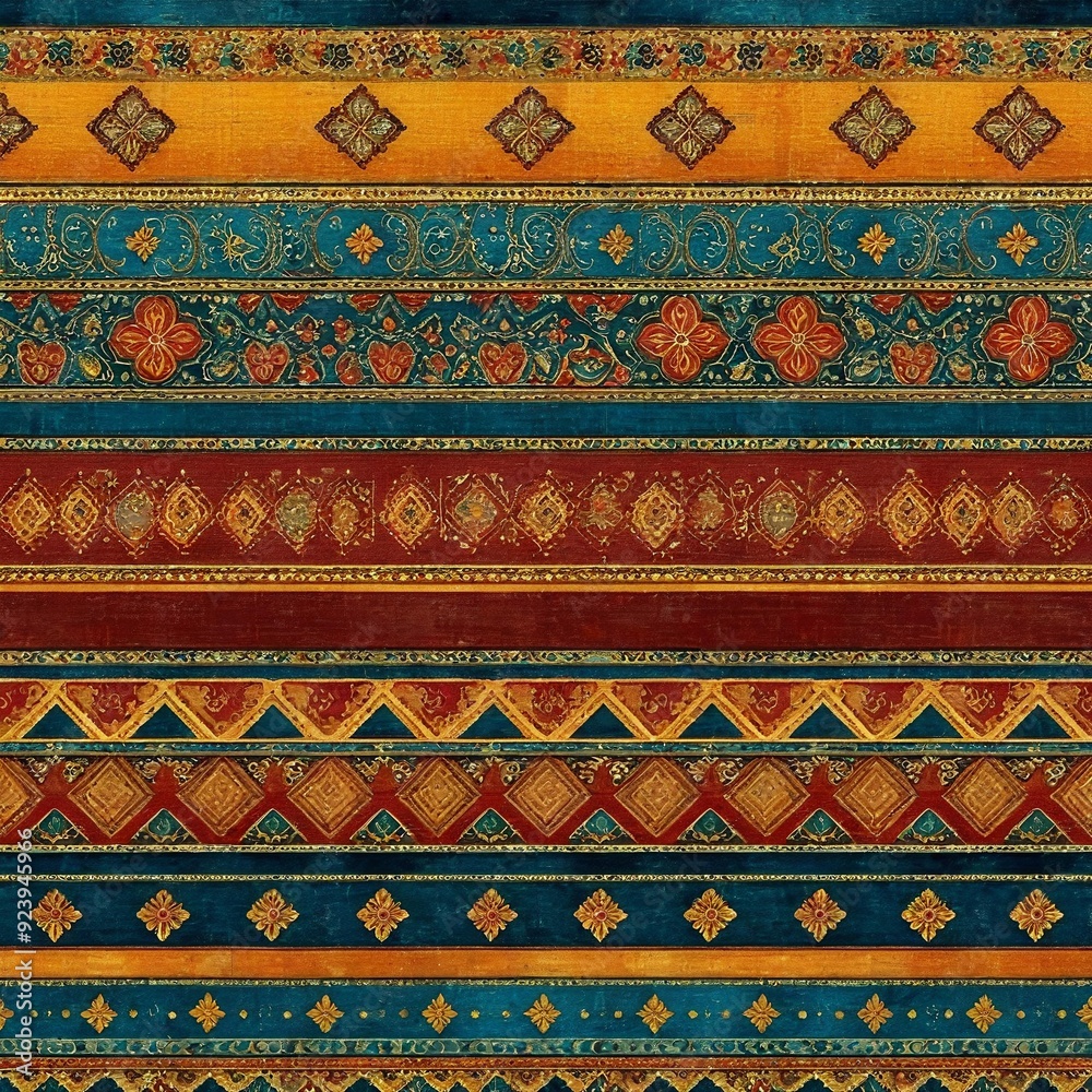 A colorful striped rug with red, blue, and yellow stripes A colorful striped rug with red, blue, and yellow stripes