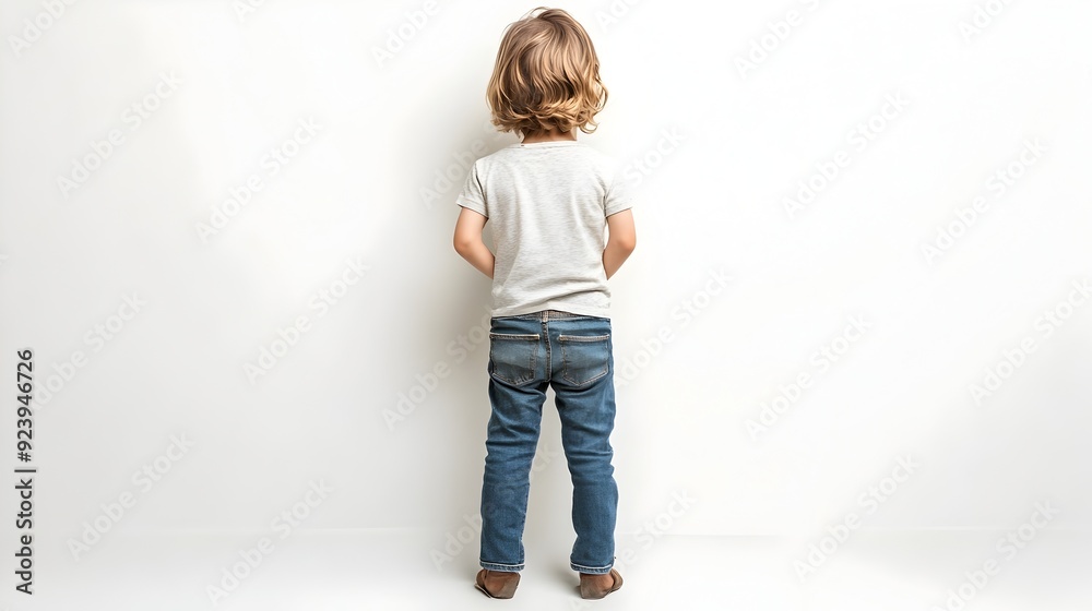 Curious Child Exploring with Arms Behind Back on White Background Curious Child Exploring with Arms Behind Back on White Background