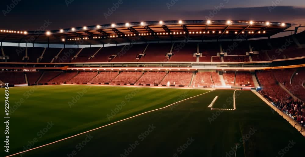 Evening soccer match at the stadium in autumn. Looping time-lapse video animation