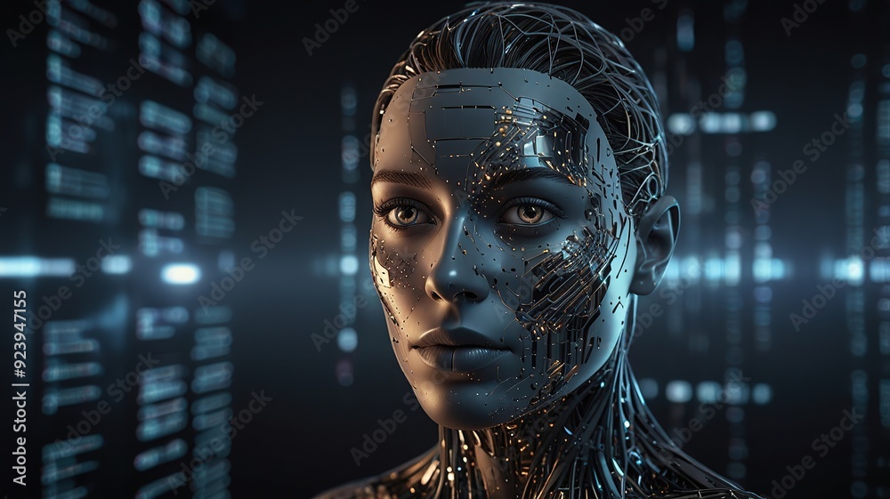 Free Photo New 3d rendering ai Robot Face working with future digital graphic interface on dark background



