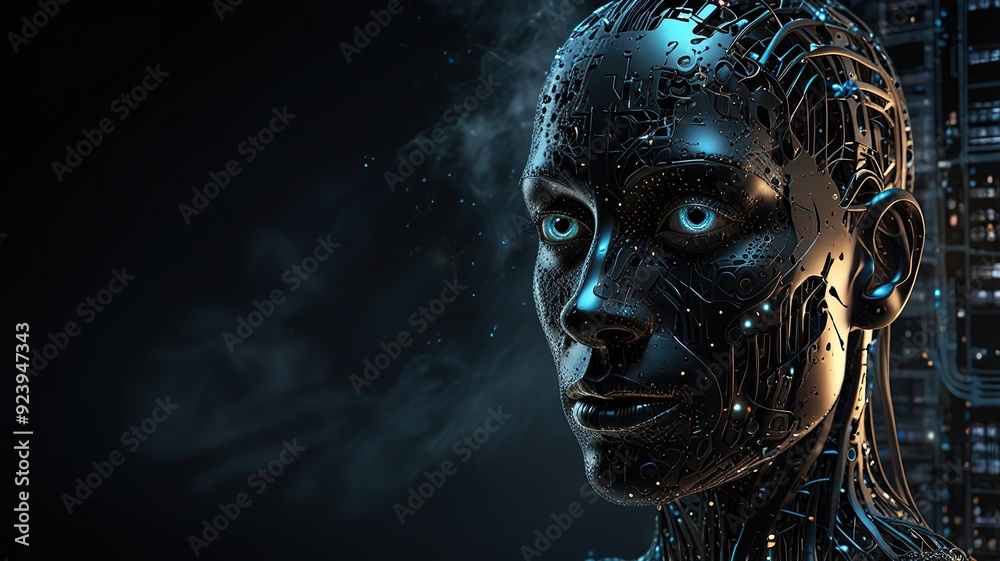 Free Photo New 3d rendering ai Robot Face working with future digital graphic interface on dark background


