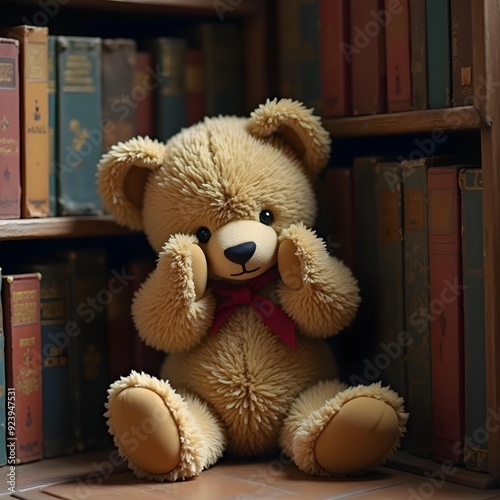 Child abuse concept, a sad teddy bear with his head in his hands photo