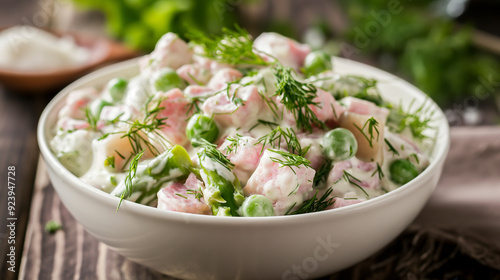 Uma salada fresca e cremosa com presunto em cubos, ervilhas, aspargos, coberta com endro, servida em uma tigela branca, exalando frescor e sabor leve. photo