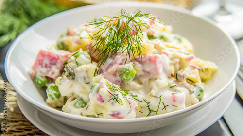 Uma salada fresca e cremosa com presunto em cubos, ervilhas, aspargos, coberta com endro, servida em uma tigela branca, exalando frescor e sabor leve. photo