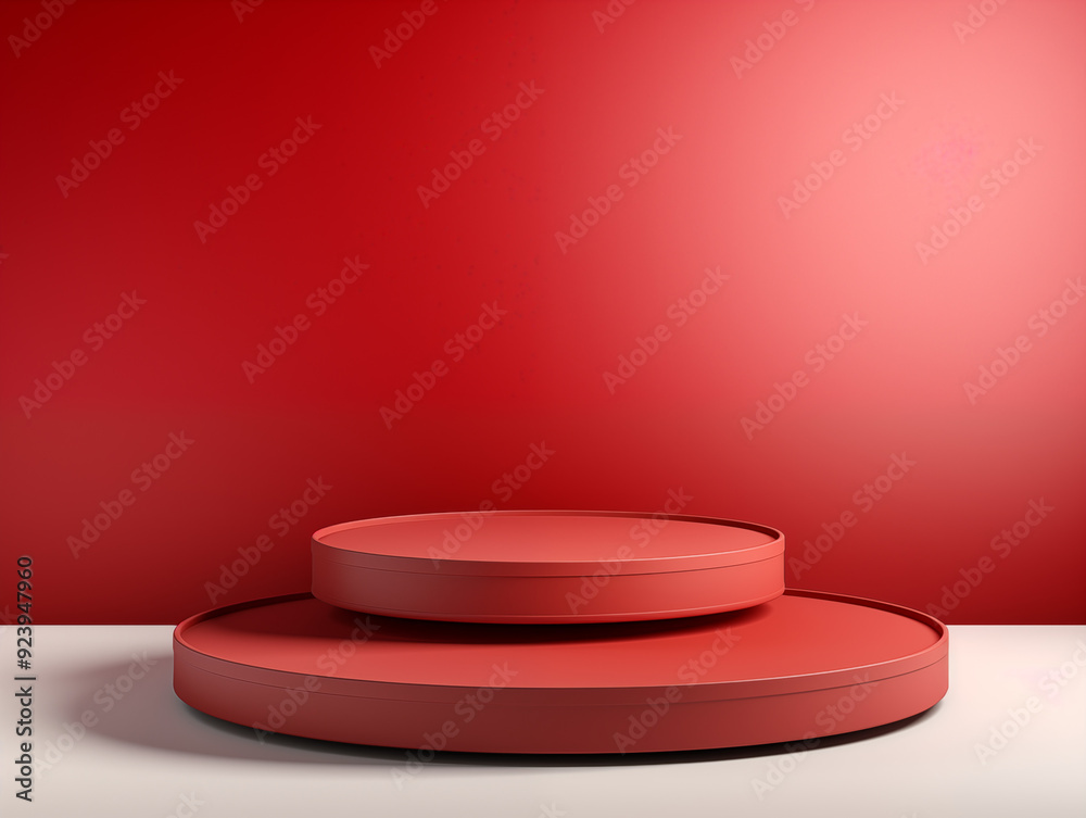 Minimal design red product display podium on arch red backgrounds, mock up showcase with copy space Minimal design red product display podium on arch red backgrounds, mock up showcase with copy space