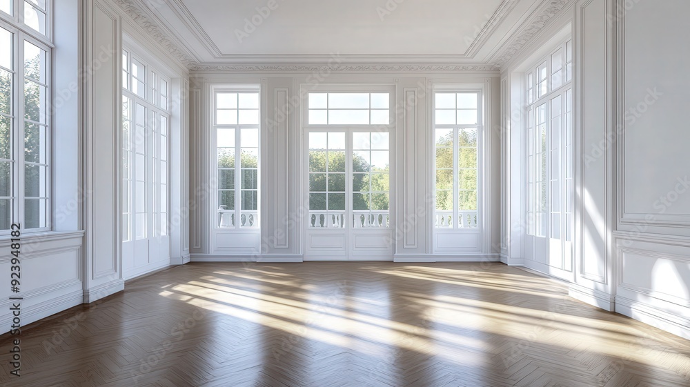 Bright and airy empty room with large windows overlooking a garden in the afternoon sunlight Bright and airy empty room with large windows overlooking a garden in the afternoon sunlight