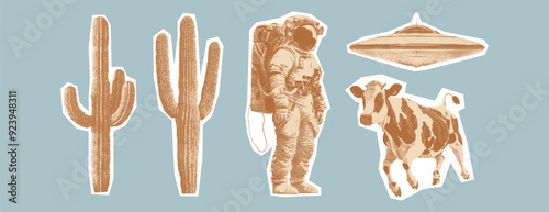 Surreal retro graphic alien-themed kit. Halftone collage cutout elements in a bitmap style. Contemporary pop art dotted stickers.