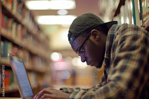 Student researching on a laptop in a library, soft indoor lighting, focused mood. Generative AI