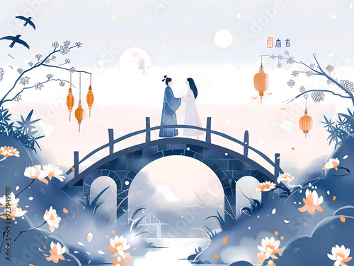 Romantic Encounter of a Couple on a Bridge Under the Full Moon on Qixi Night