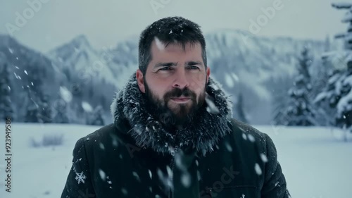 A solitary figure in a fur-lined coat gazes into the distance amidst a serene, snow-covered mountain backdrop. photo