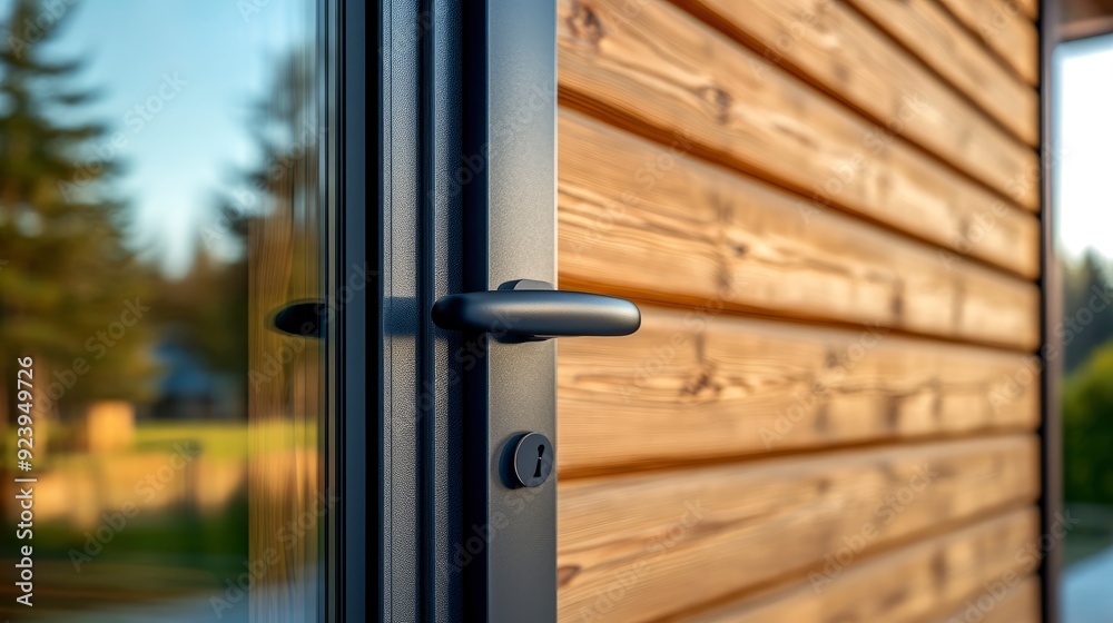 Plastic glass door with a handle in gray lamination on the wall of a wooden house , ai Plastic glass door with a handle in gray lamination on the wall of a wooden house , ai