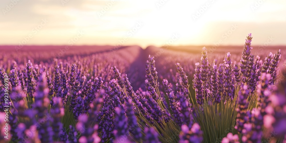 Fototapeta premium A close-up of lavender fields stretching into the distance, with rows of purple flowers swaying gently in the breeze under a clear sky