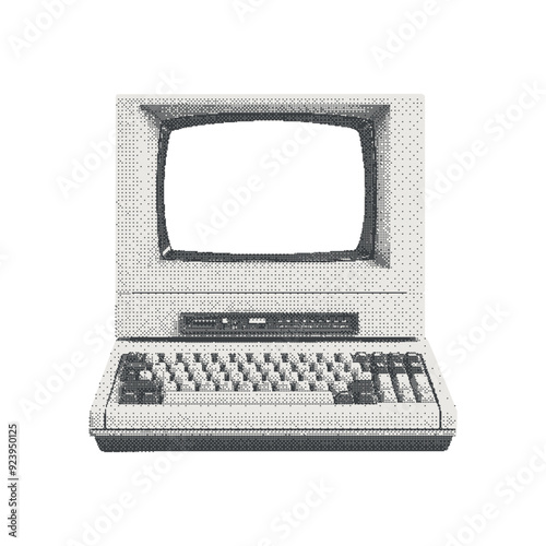 Vintage computer. Collage cutout element for scrapbook, poster, t-shirt. Vector monochrome sticker in a surreal bitmap style with dotted photocopy texture.