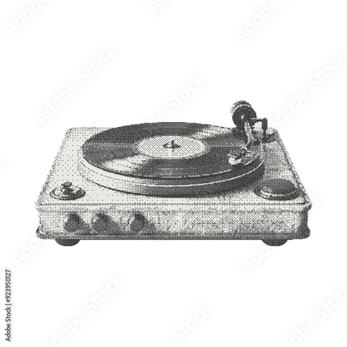 Retro record player. Vector illustration with halftone effect for scrapbook, poster, t-shirt. Collage cutout element in a surreal bitmap style on transparent background with dotted photocopy texture.