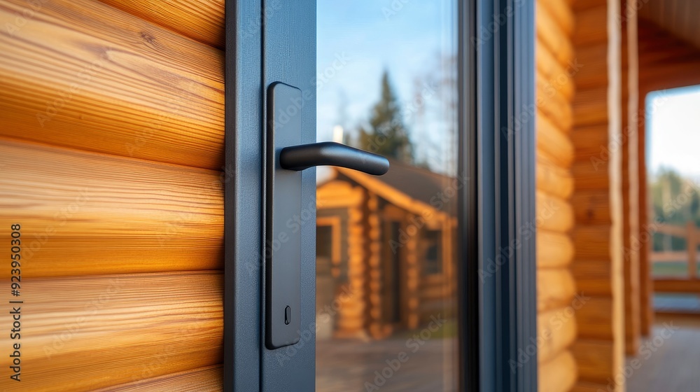 Plastic glass door with a handle in gray lamination on the wall of a wooden house , ai Plastic glass door with a handle in gray lamination on the wall of a wooden house , ai