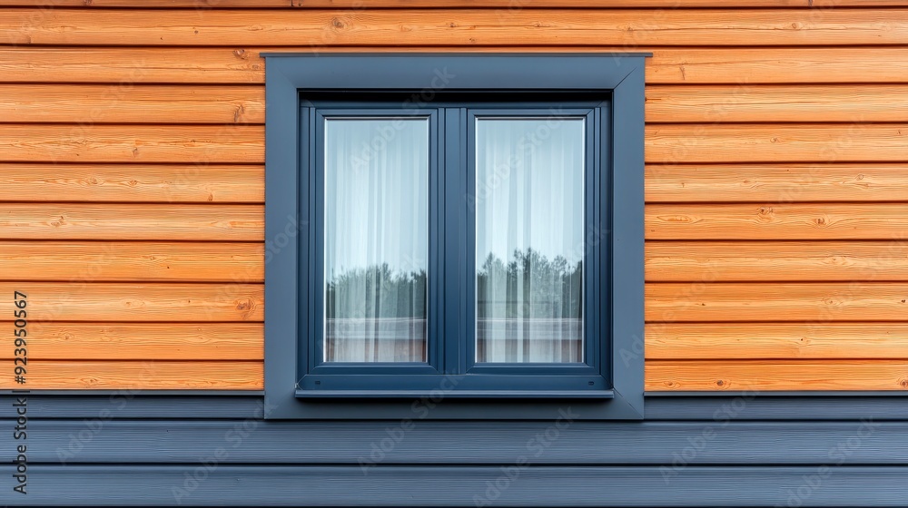 Plastic windows in gray lamination on the wall of a wooden house , ai Plastic windows in gray lamination on the wall of a wooden house , ai