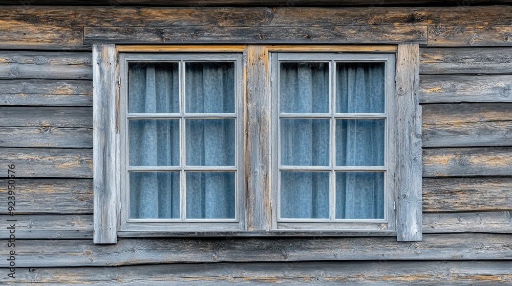 Plastic windows in gray lamination on the wall of a wooden house , ai Plastic windows in gray lamination on the wall of a wooden house , ai