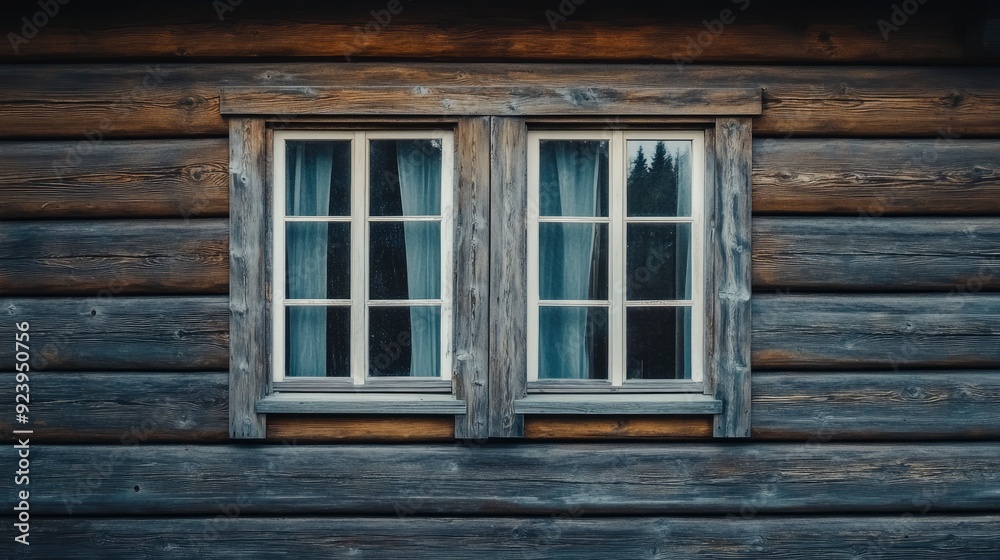 Plastic windows in gray lamination on the wall of a wooden house , ai Plastic windows in gray lamination on the wall of a wooden house , ai