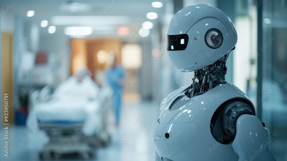 AI-Driven Healthcare Robot: A humanoid robot assisting in patient care in a hospital setting. AI-Driven Healthcare Robot: A humanoid robot assisting in patient care in a hospital setting.