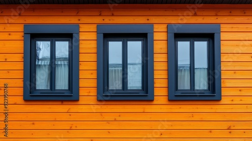 Plastic windows in gray lamination on the wall of a wooden house , ai