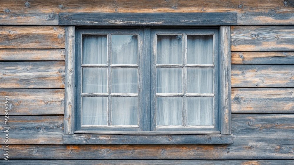 Plastic windows in gray lamination on the wall of a wooden house , ai Plastic windows in gray lamination on the wall of a wooden house , ai