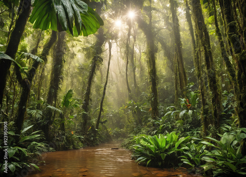 Lush Tropical Forest With Dense Foliage and Calm River Under Soft Morning Light