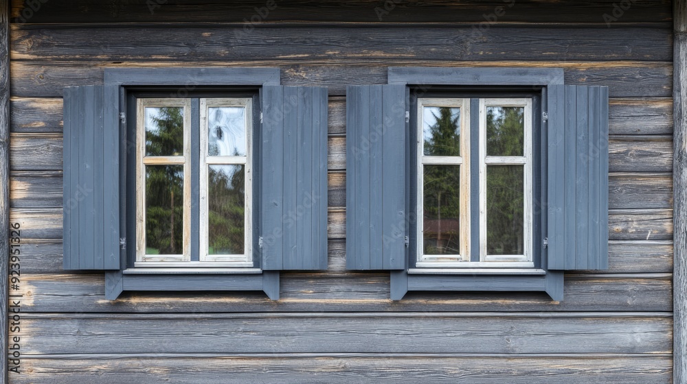 Plastic windows in gray lamination on the wall of a wooden house , ai Plastic windows in gray lamination on the wall of a wooden house , ai