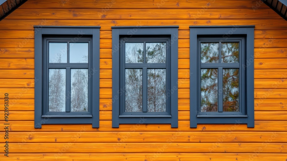 Fototapeta premium Plastic windows in gray lamination on the wall of a wooden house , ai