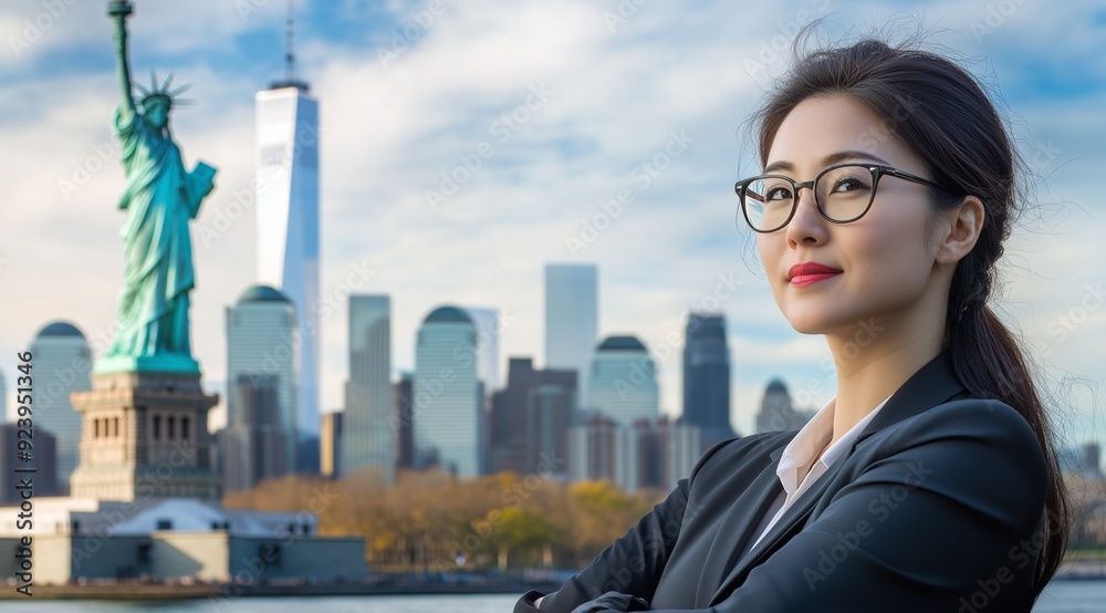 Portrait of a glamorous woman with stylish makeup and hair in front of a city backdrop, showcasing beauty and elegance in a close-up in the land of freedom Portrait of a glamorous woman with stylish makeup and hair in front of a city backdrop, showcasing beauty and elegance in a close-up in the land of freedom