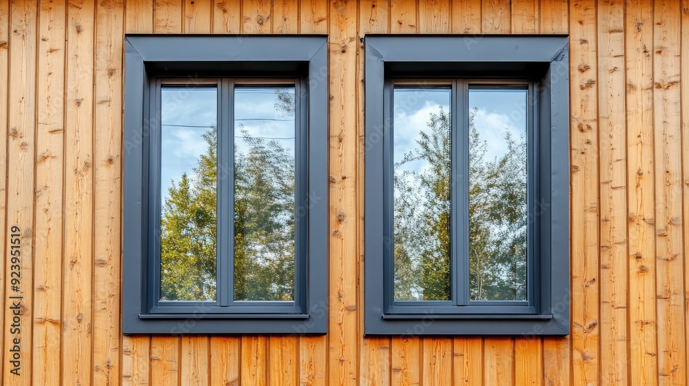 Fototapeta premium Plastic windows in gray lamination on the wall of a wooden house , ai