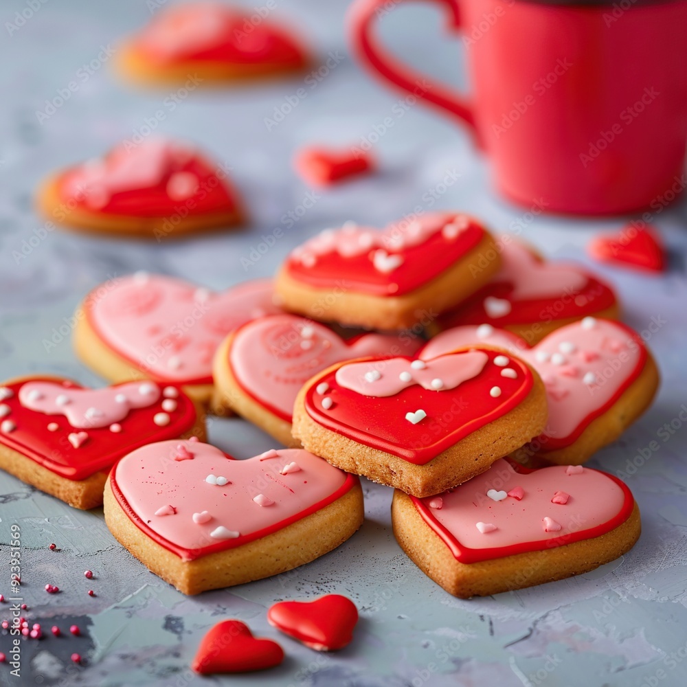 Adorable Red Love Heart Shaped Cookies Decorated with Icing, Perfect for Sharing Sweet Moments