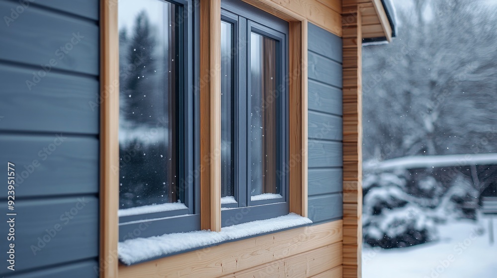 Fototapeta premium Plastic windows in gray lamination on the wall of a wooden house , ai
