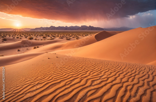 Breathtaking Sunset Over Golden Sand Dunes in the Expansive Desert Landscape photo