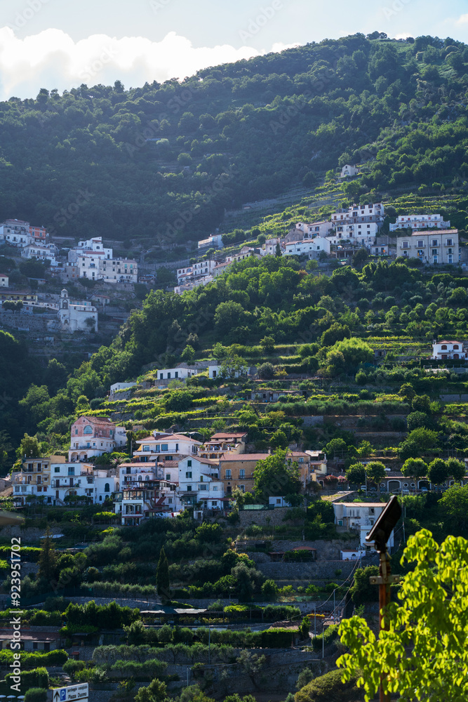 Scenic View of Italian Hillside Village with Lush Greenery, View-point of Ravello, Italy, Europe