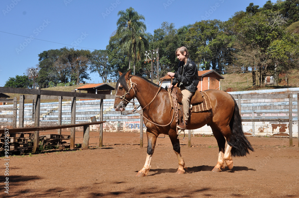 Menino cowboy cavalgada com cavalo marrom Menino cowboy cavalgada com cavalo marrom