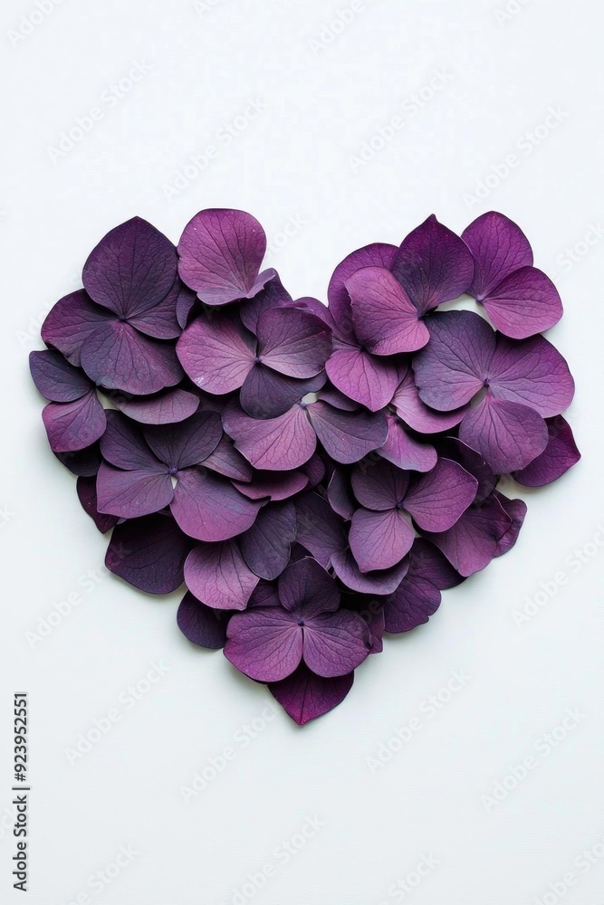 A heart shape made from delicate purple rose petals on a clean white background, symbolizing love and romance. A heart shape made from delicate purple rose petals on a clean white background, symbolizing love and romance.